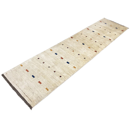 Gabbeh runner 279x69 cm, light beige with colorful dot and square patterns, with fringes
