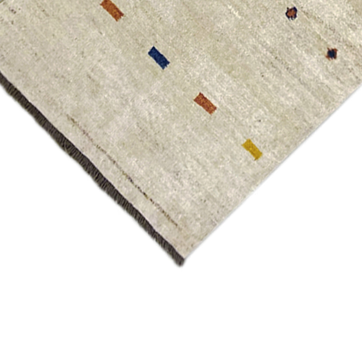 Close-up of Gabbeh runner hem: light beige with colorful squares, black border/fringe