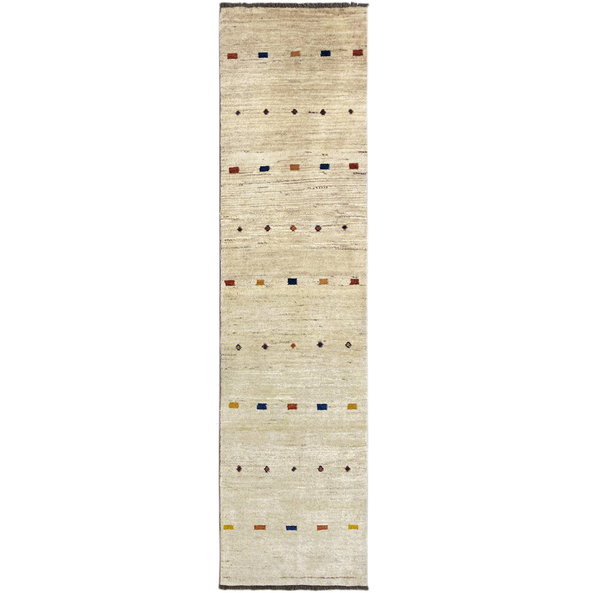 Gabbeh runner, light beige with patterned rows of small squares and a narrow border