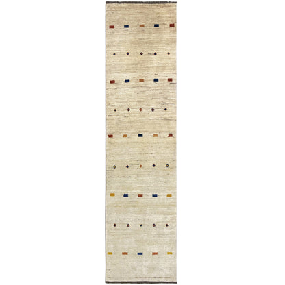 Gabbeh runner, light beige with patterned rows of small squares and a narrow border