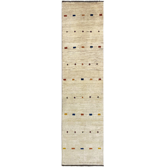 Gabbeh runner, light beige with patterned rows of small squares and a narrow border