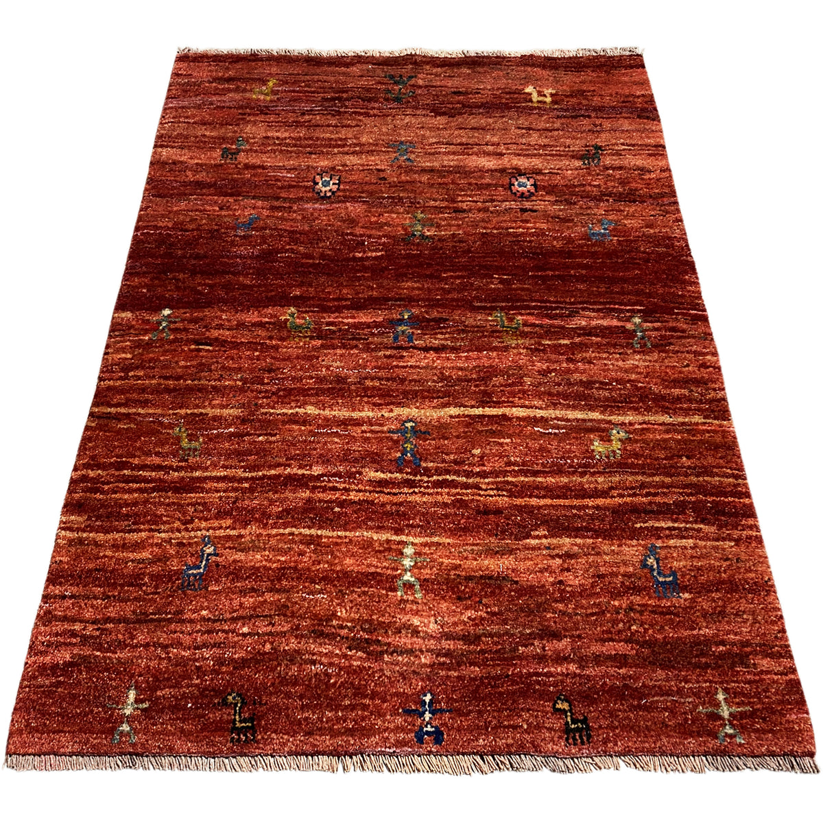 Gabbeh rug 140x93 cm, reddish brown, wide-striped texture with colorful motifs