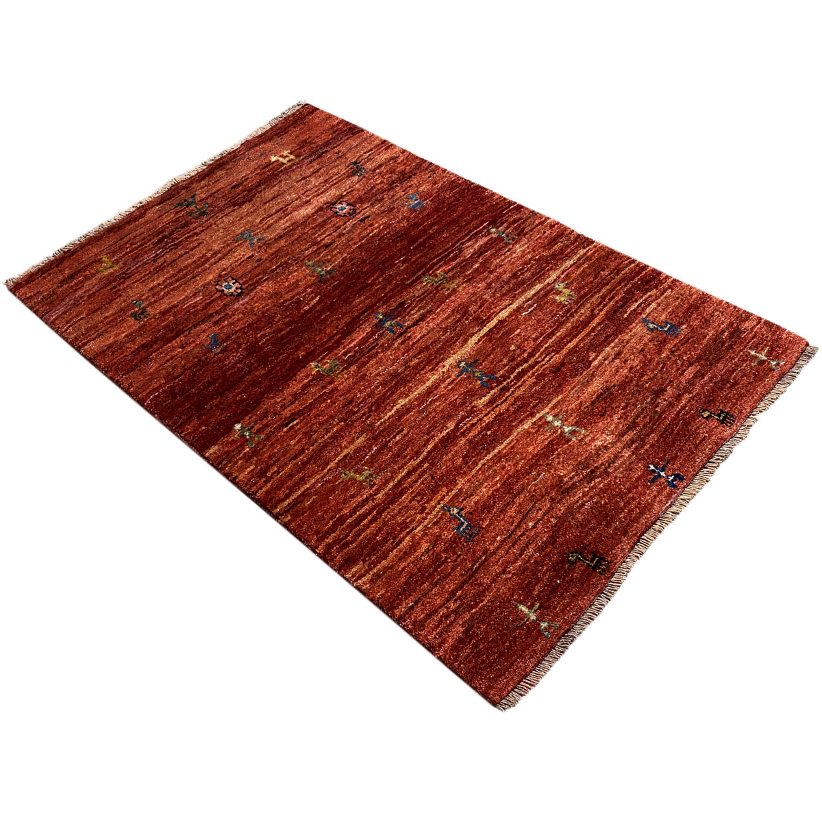 Gabbeh rug 140x93 cm, reddish brown, flat-woven with colorful small motifs