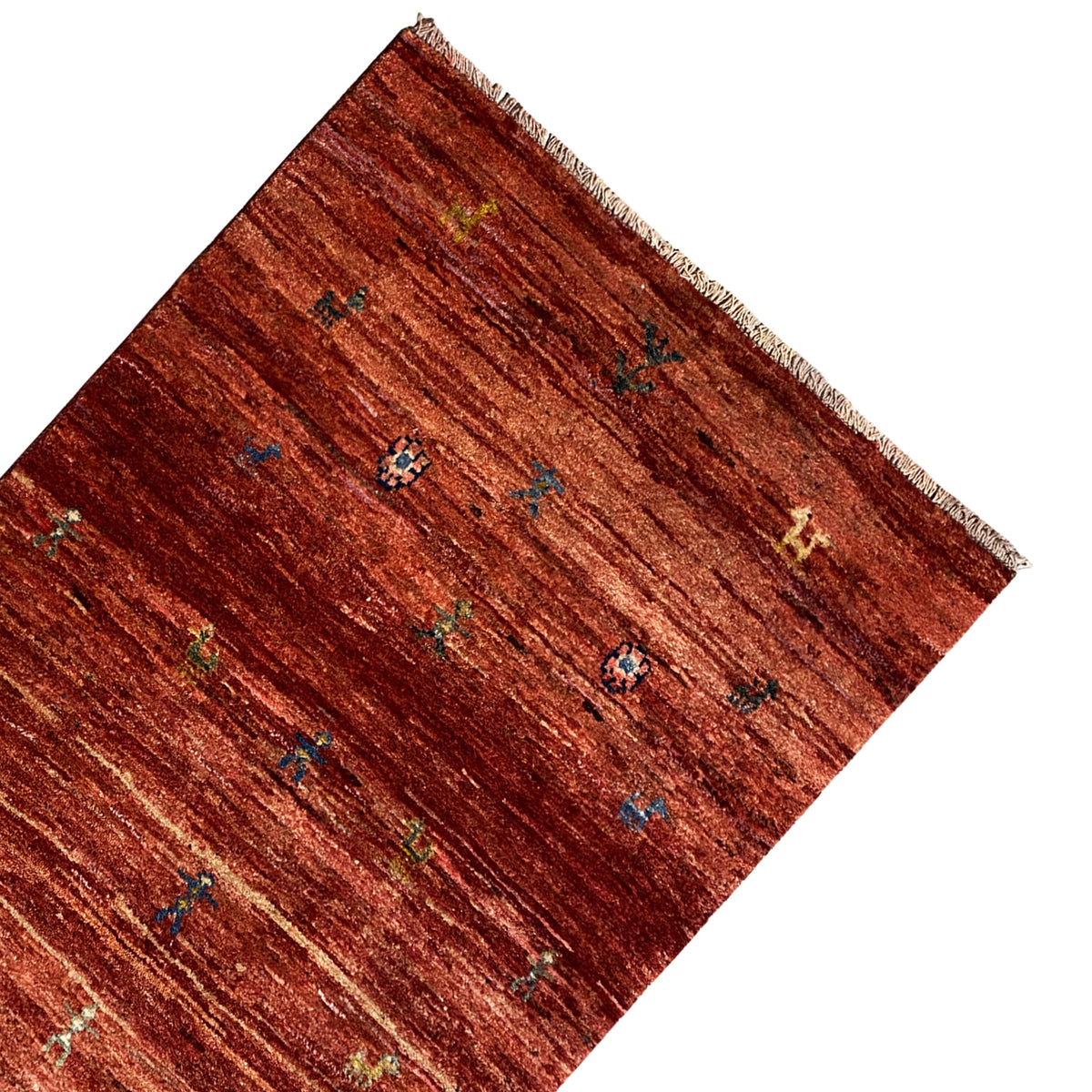 Gabbeh rug 140x93 cm, reddish brown, diagonally oriented with colorful small ornaments