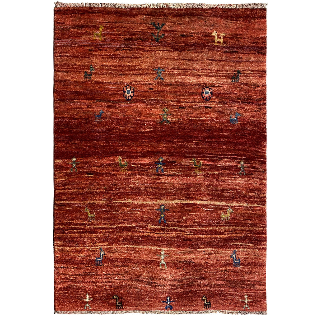 Gabbeh rug 140x93 cm with a reddish-brown mélange field and colorful patterns