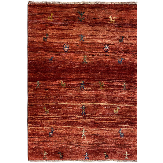 Gabbeh rug 140x93 cm with a reddish-brown mélange field and colorful patterns