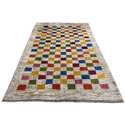 Gabbeh rug, flat-woven, beige background with colorful rows of elongated cubes
