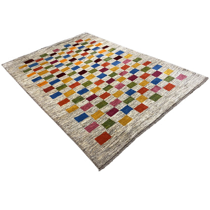 Square gabbeh rug: beige pile with a colorful grid of small cubes