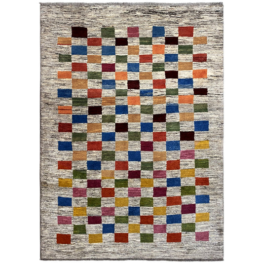 Gabbeh rug with a beige wool base and colorful geometric cube pattern, square