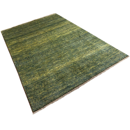 Gabbeh rug with an abstract mélange in green and yellow, rectangular area