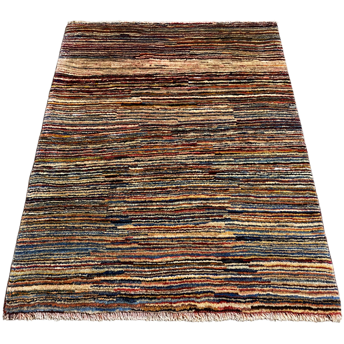 Gabbeh rug with horizontal, multicolored stripes and fringes
