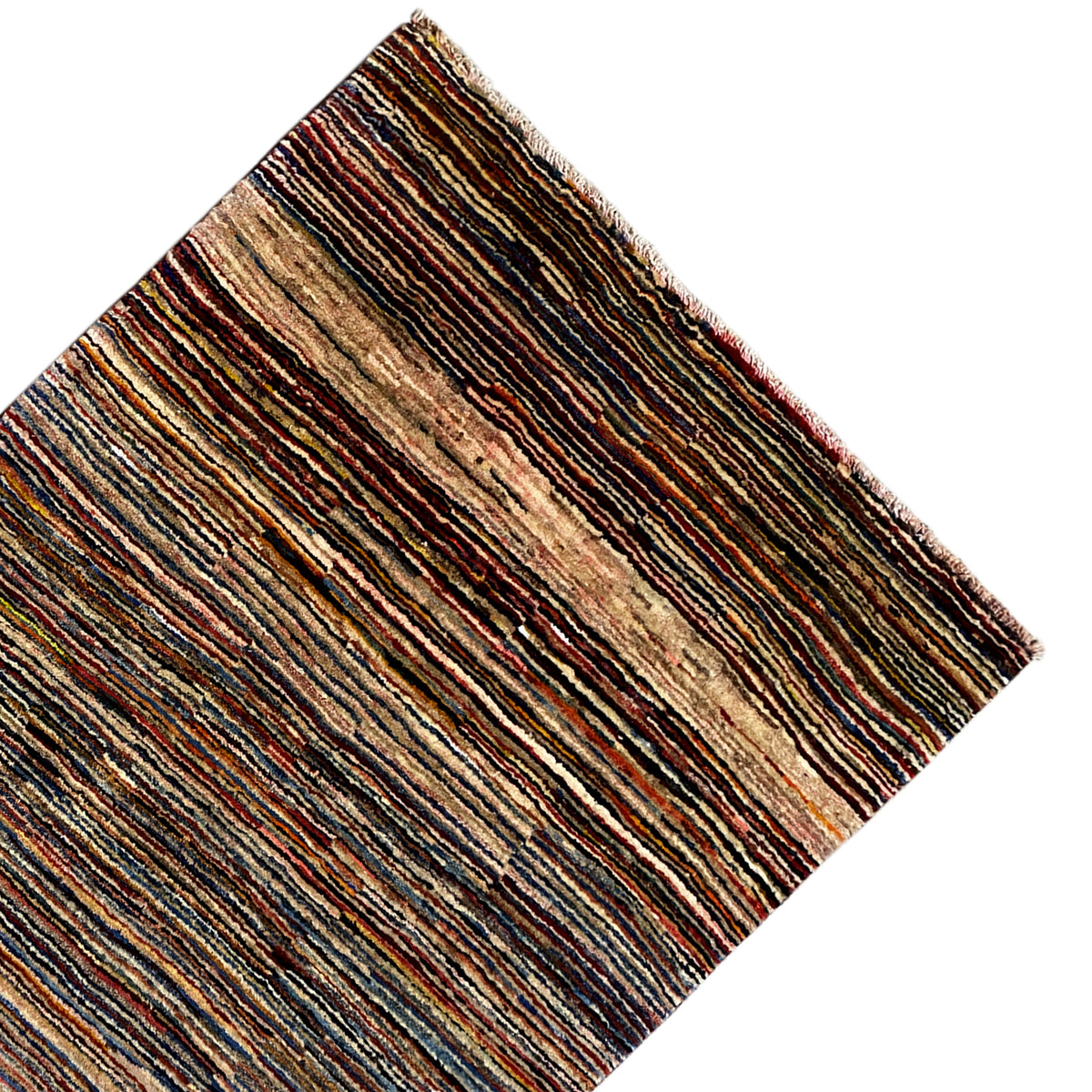 Gabbeh rug at an angle: brown, beige and blue color stripes