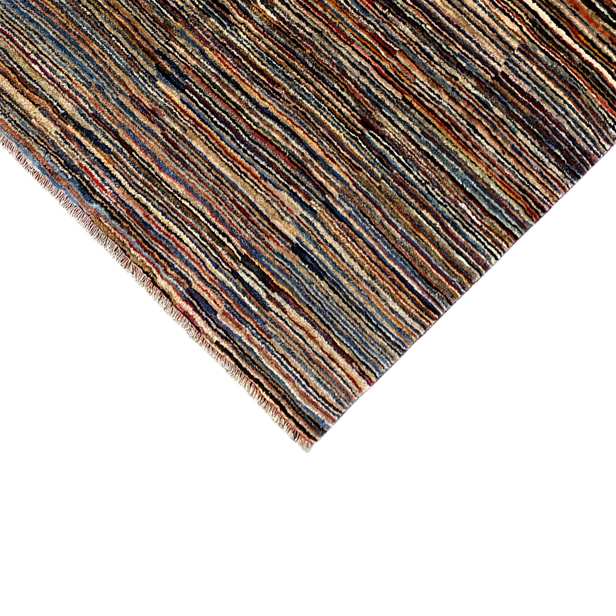 Gabbeh rug detail: multicolored stripes with selvedge and fringes