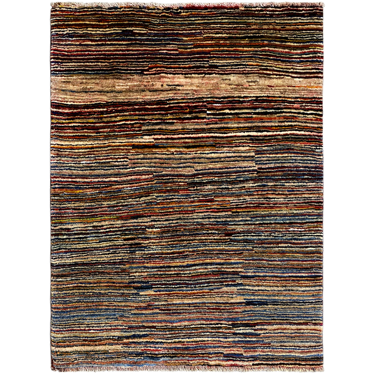 Gabbeh rug with multicolored stripes (blue, brown, beige, red)