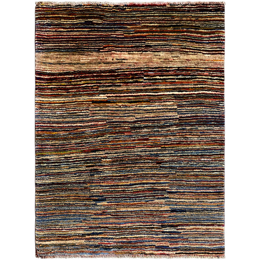 Gabbeh rug with multicolored stripes (blue, brown, beige, red)