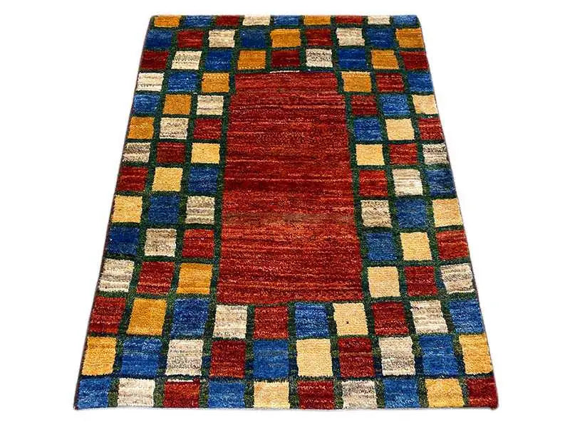 Gabbeh rug with red center and colorful checkered border, 127×94 cm