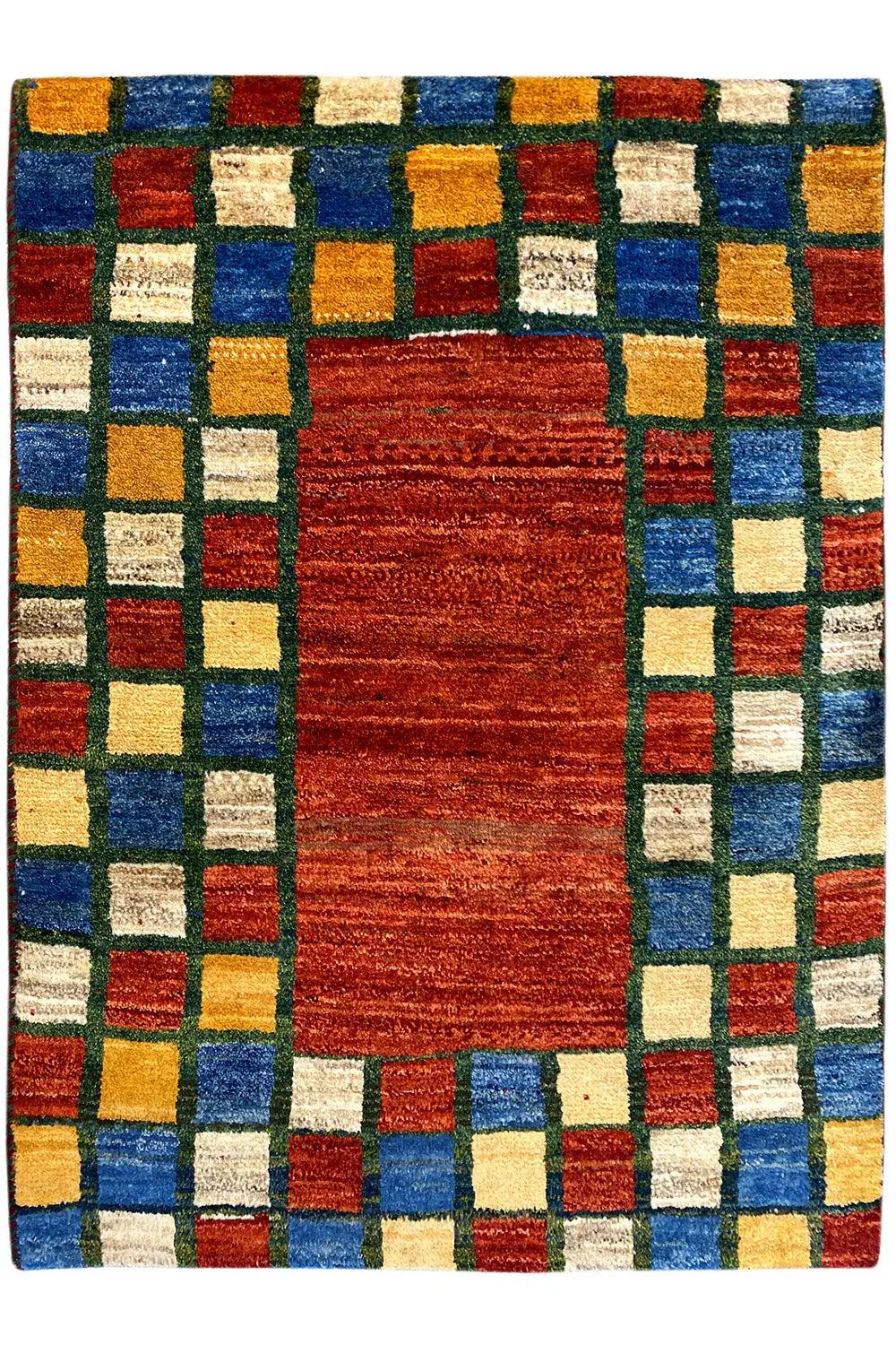 Rug with a red center stripe and a checkered border in blue, green, yellow, and red