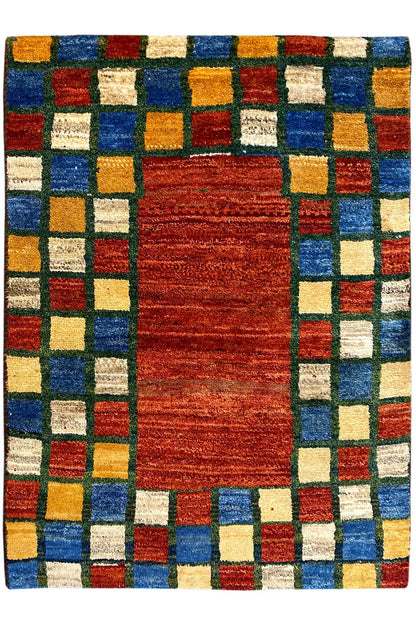 Rug with a red center stripe and a checkered border in blue, green, yellow, and red