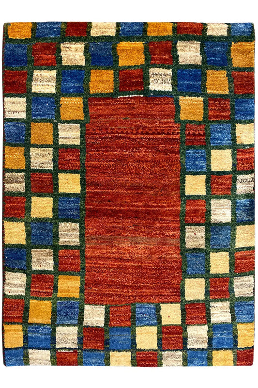 Rug with a red center stripe and a checkered border in blue, green, yellow, and red