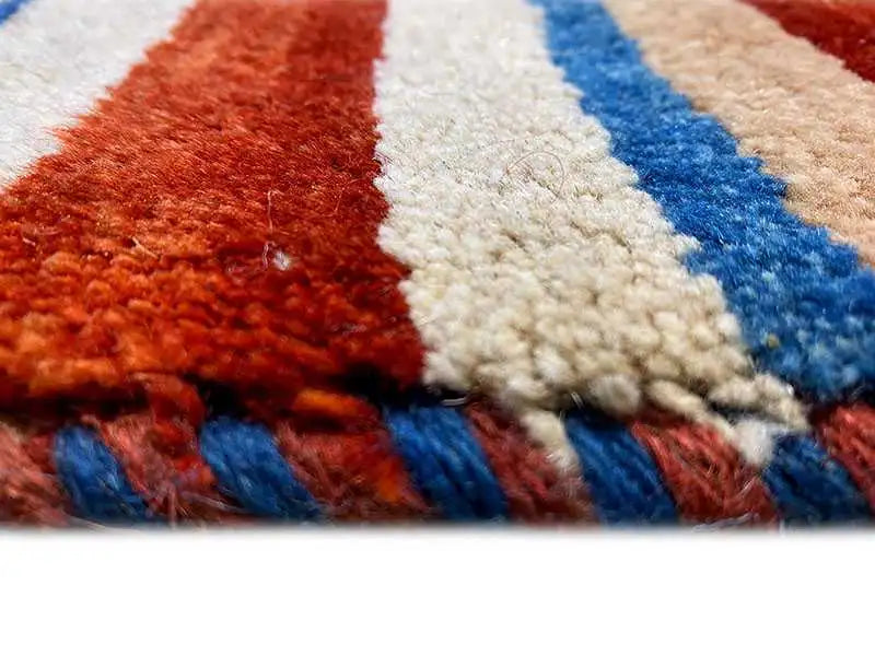 Carpet pile in close-up, colorful stripes with a short, dense surface
