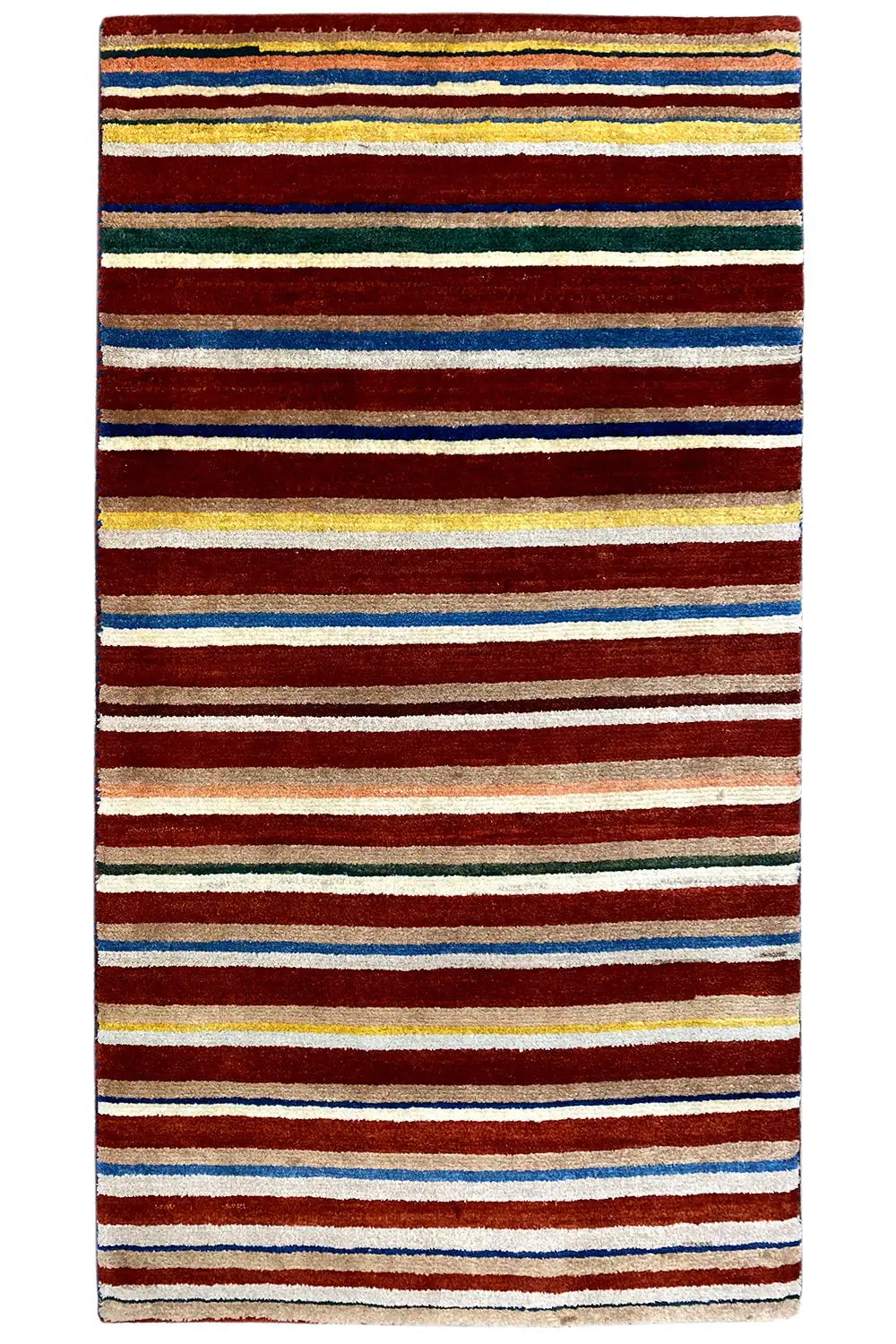 Rectangular Gabbeh rug, multicolored stripes, defined borders, 180x98 cm