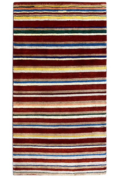 Rectangular Gabbeh rug, multicolored stripes, defined borders, 180x98 cm