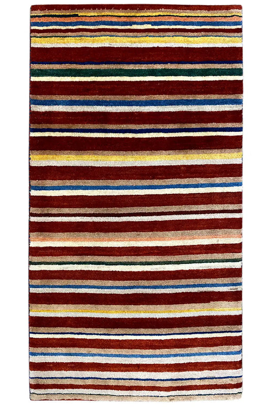 Rectangular Gabbeh rug, multicolored stripes, defined borders, 180x98 cm