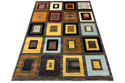Gabbeh rug, woven geometric pattern of squares and diamonds in yellow, gray, and blue