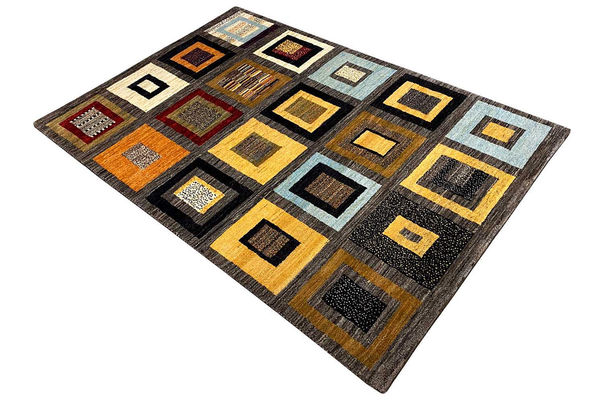 Gabbeh rug with diamond and square pattern, black, yellow, beige and light blue