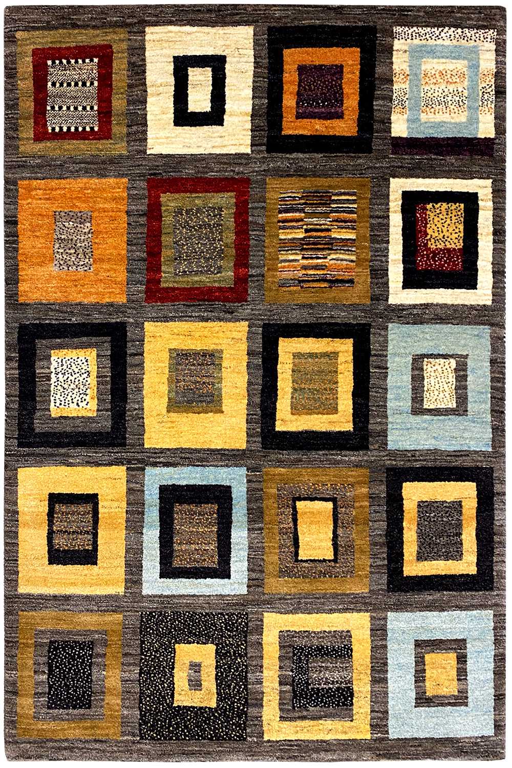 Gabbeh rug with a square pattern in yellow, black, beige, and light blue