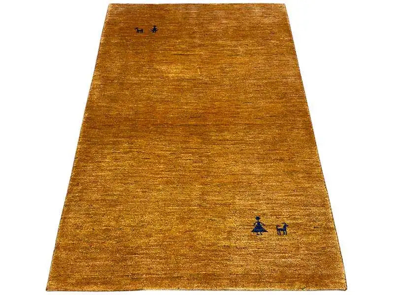 Gabbeh rug 154x96 cm, yellow-brown with small blue-black motif appliqués