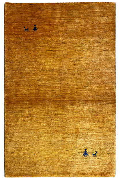Gabbeh rug 154x96 cm, yellow-brown with small blue-black motifs at the top left and bottom
