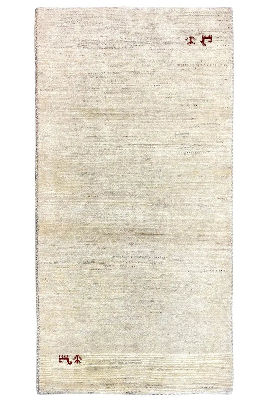Gabbeh rug 140x70 cm, light beige, with a narrow border and reddish-brown motifs