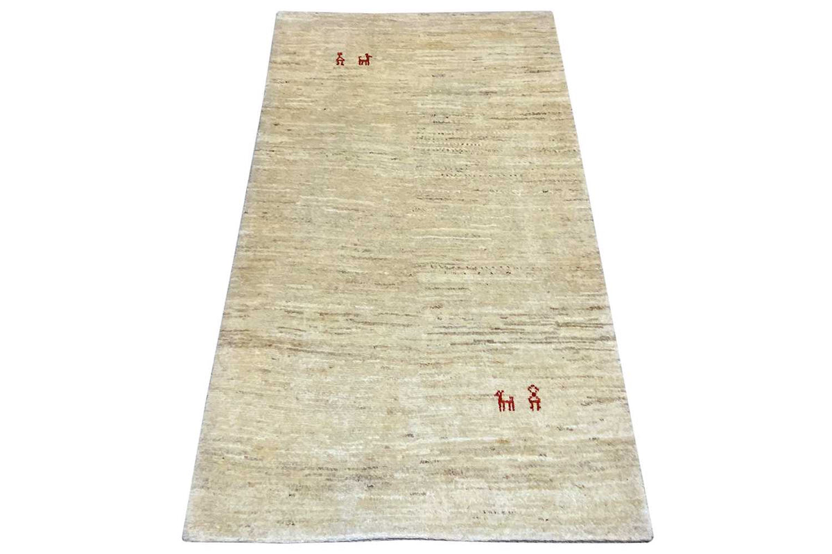 Beige Gabbeh rug with a red symbolic pattern, elongated rectangular, approx. 133×82 cm