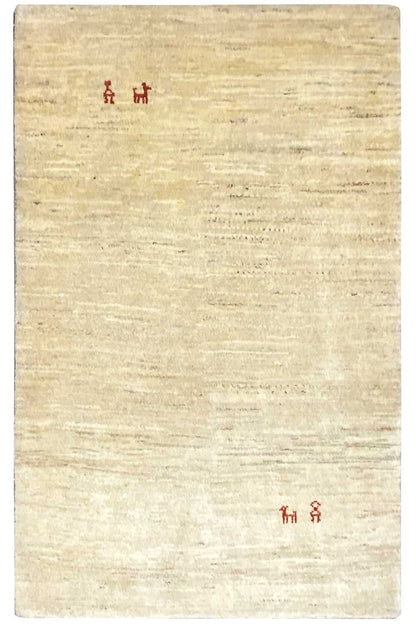 Rectangular beige Gabbeh rug with a red symbolic pattern, approx. 133×82 cm