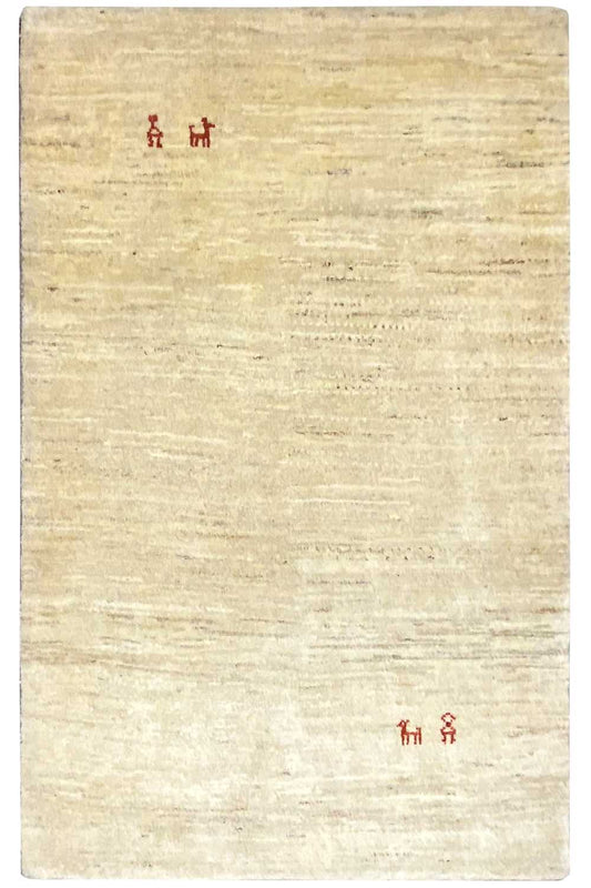 Rectangular beige Gabbeh rug with a red symbolic pattern, approx. 133×82 cm