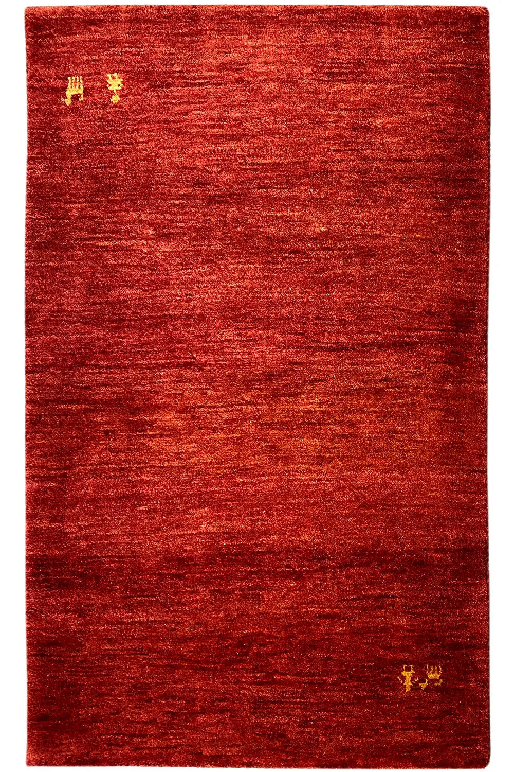 Red Gabbeh rug with a fine woven pattern and yellow medallions, rectangular