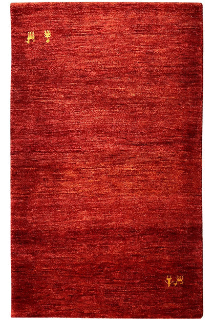 Red Gabbeh rug with a fine woven pattern and yellow medallions, rectangular