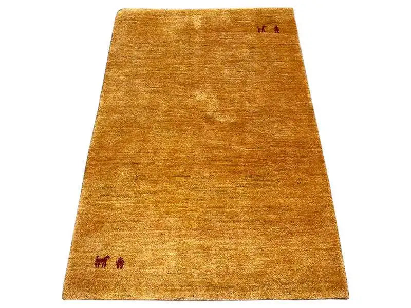 Gabbeh rug 124x81 cm mustard yellow with red animal and symbolic motifs
