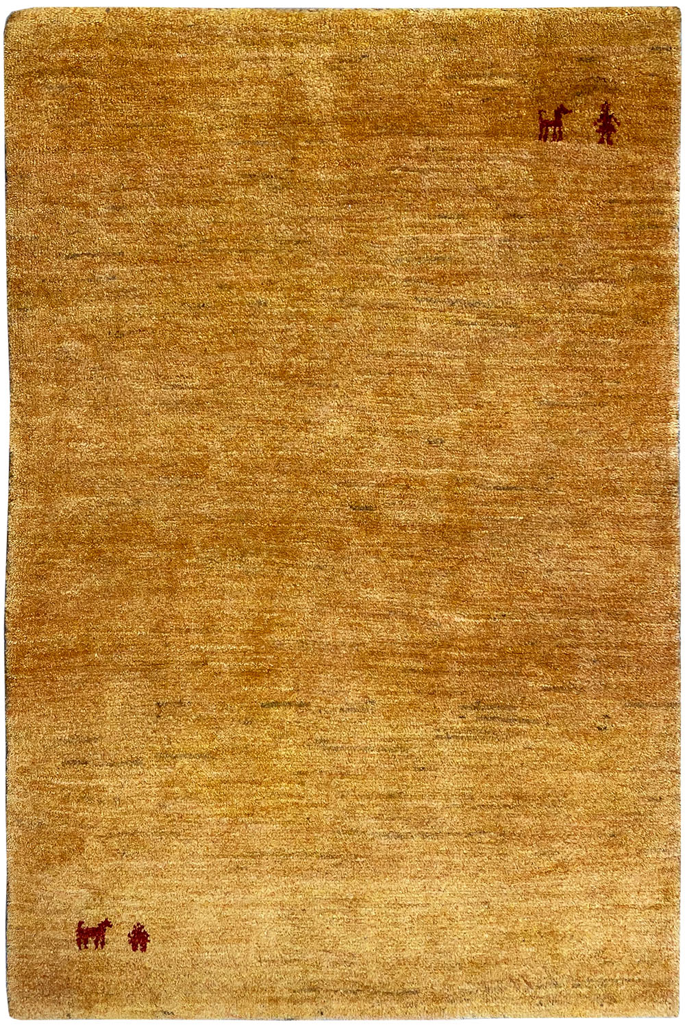 Mustard-yellow rectangular Gabbeh rug with red animal/symbol motifs in the corners