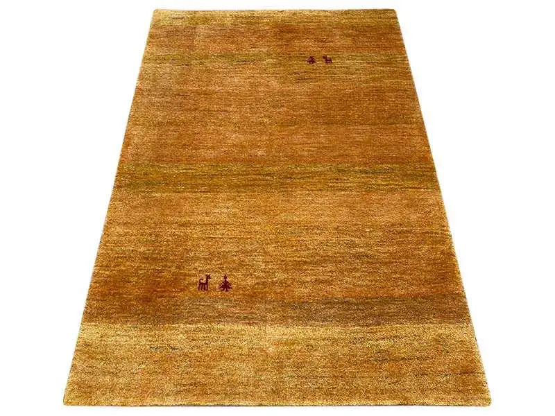 Gabbeh rug (151x100 cm), ochre brown, fine texture, subtle border with small motifs