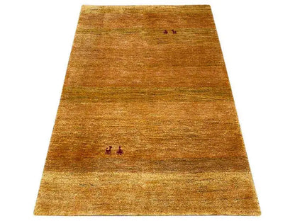 Gabbeh rug (151x100 cm), ochre brown, fine texture, subtle border with small motifs