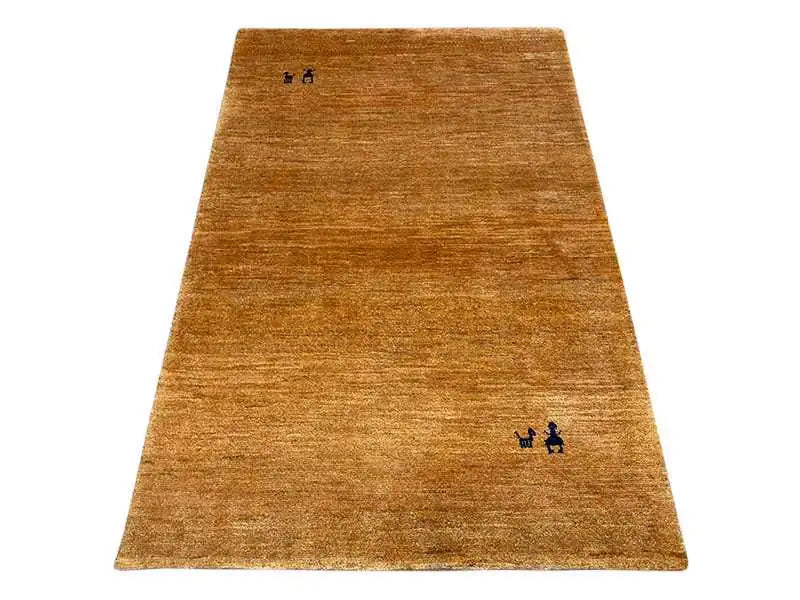 Gabbeh rug 150x100 cm, mustard brown, fine texture, small blue-black ornaments