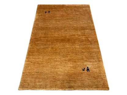 Gabbeh rug 150x100 cm, mustard brown, fine texture, small blue-black ornaments