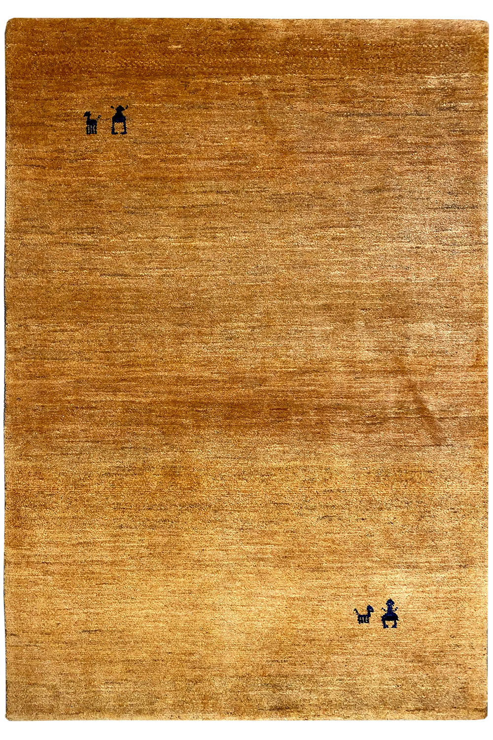 Gabbeh rug 150x100 cm, mustard brown, flat-woven, blue-black ornaments in the corners