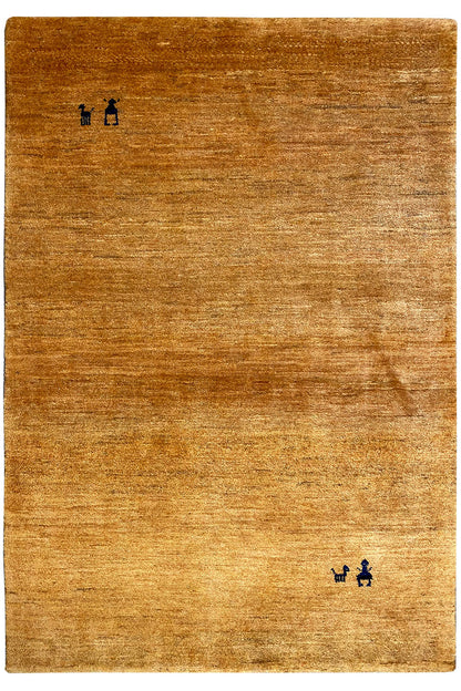 Gabbeh rug 150x100 cm, mustard brown, flat-woven, blue-black ornaments in the corners