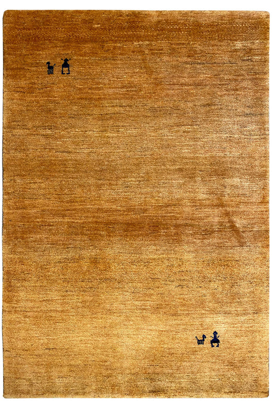 Gabbeh rug 150x100 cm, mustard brown, flat-woven, blue-black ornaments in the corners