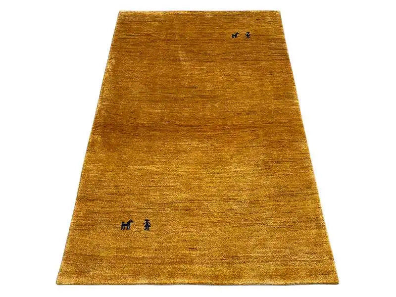 Ochre gabbeh rug with subtle black symbols, rectangular, low-pile