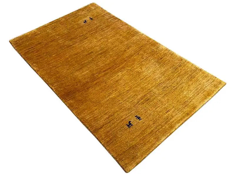 Ochre gabbeh rug, rotated rectangular, low-pile with black symbols