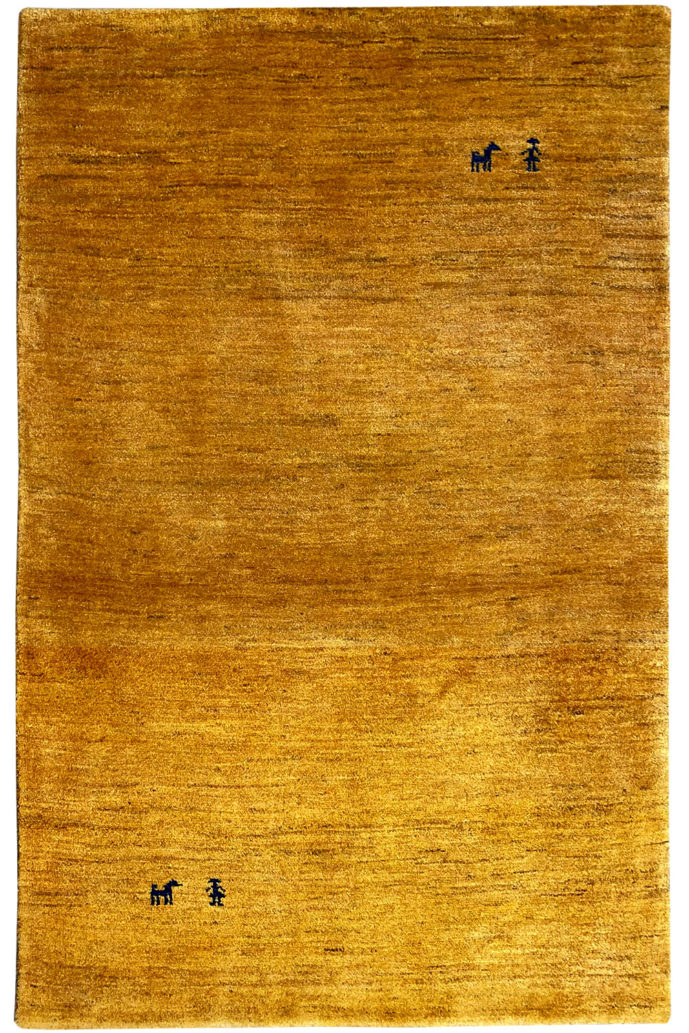 Ochre Gabbeh rug, all-over pattern, black motifs at the corners, rectangular